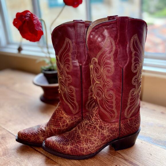 Ferrini Red & Gold Leather Cowboy Boots Western Snip Toe Women’s Size 7 B - EUC - Picture 1 of 11